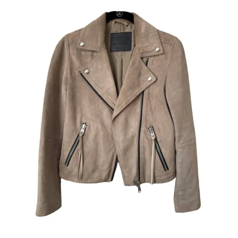 All Saints Beige Suede Leather Biker Jacket Size 00 US